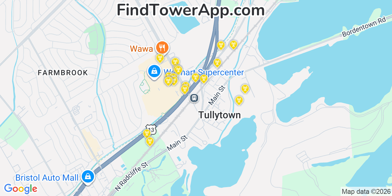 Map showing the 20 primary cell tower locations detected in Tullytown, Pennsylvania from AT&T, Verizon, and T-Mobile networks