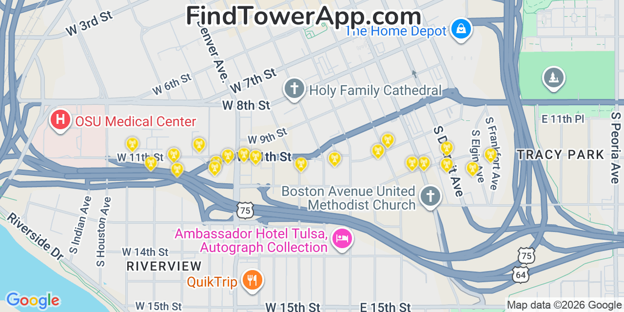 Map showing the 20 primary cell tower locations detected in Tulsa, Oklahoma from AT&T, Verizon, and T-Mobile networks