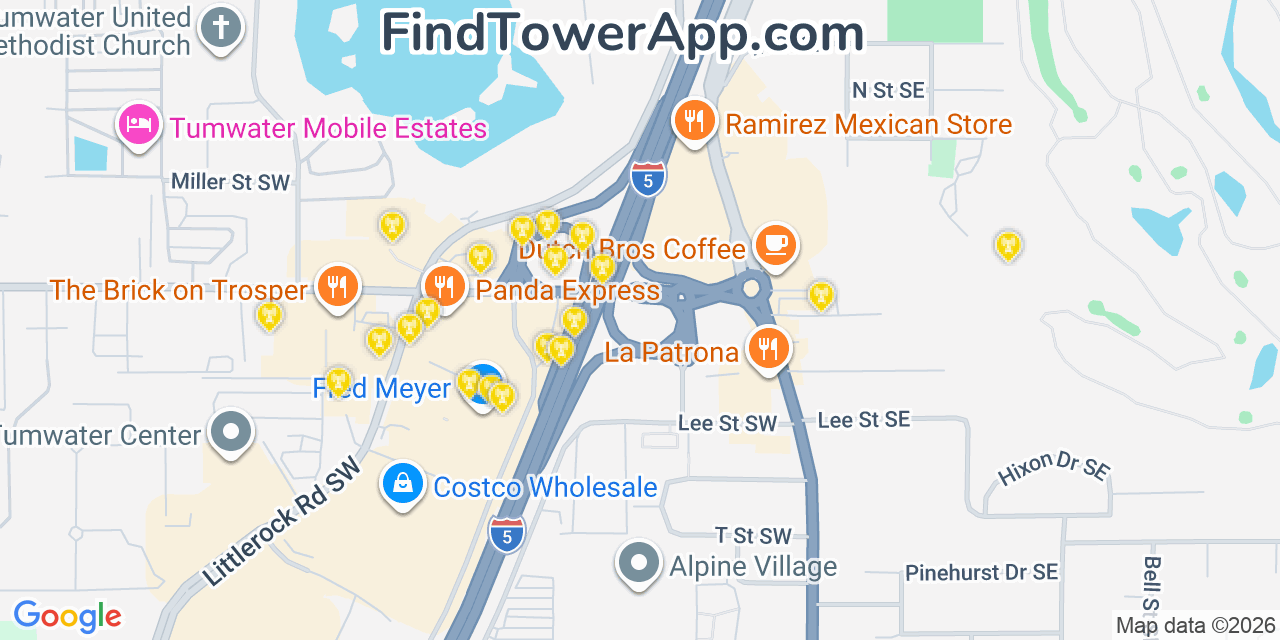 Map showing the 20 primary cell tower locations detected in Tumwater, Washington from AT&T, Verizon, and T-Mobile networks
