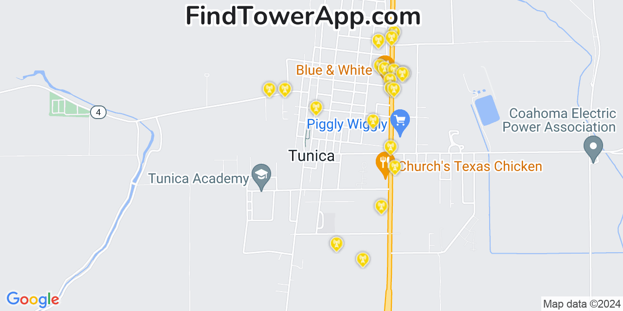 AT&T 4G/5G cell tower coverage map Tunica, Mississippi