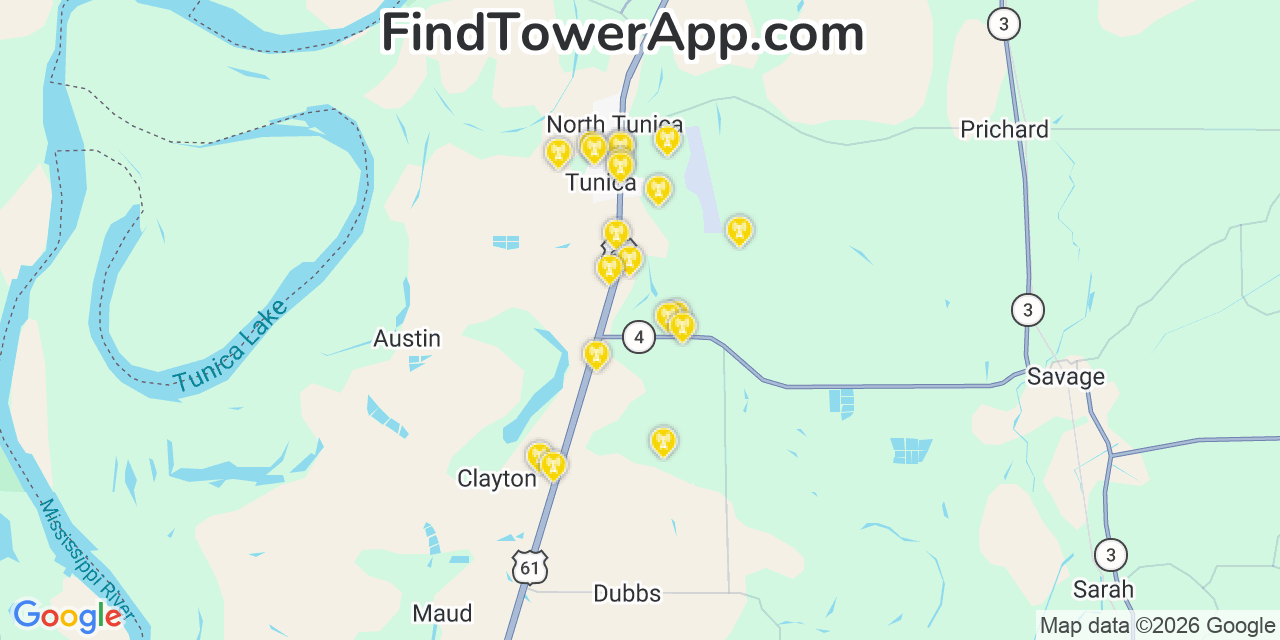Map showing the 20 primary cell tower locations detected in Tunica, Mississippi from AT&T, Verizon, and T-Mobile networks