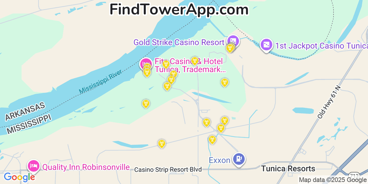 Map showing the 20 primary cell tower locations detected in Tunica Resorts, Mississippi from AT&T, Verizon, and T-Mobile networks