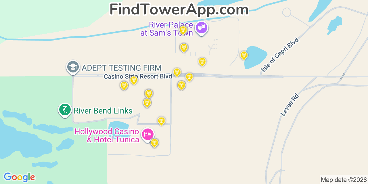 Map showing the 20 primary cell tower locations detected in Tunica Resorts, Mississippi from AT&T, Verizon, and T-Mobile networks