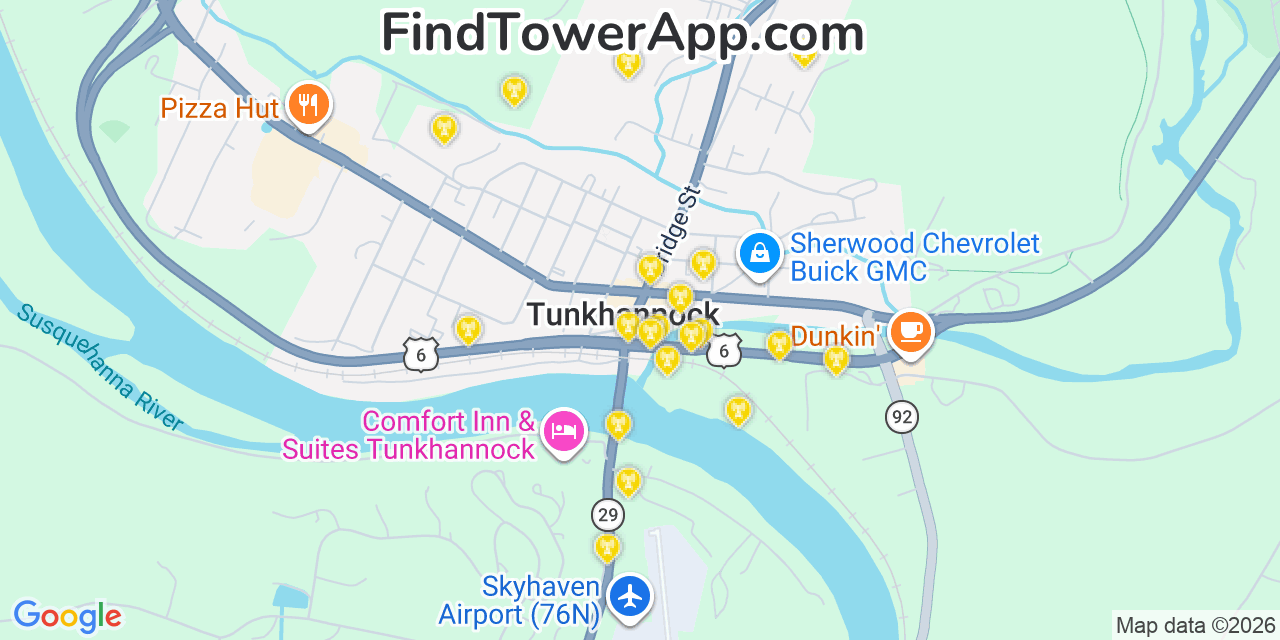 Map showing the 20 primary cell tower locations detected in Tunkhannock, Pennsylvania from AT&T, Verizon, and T-Mobile networks
