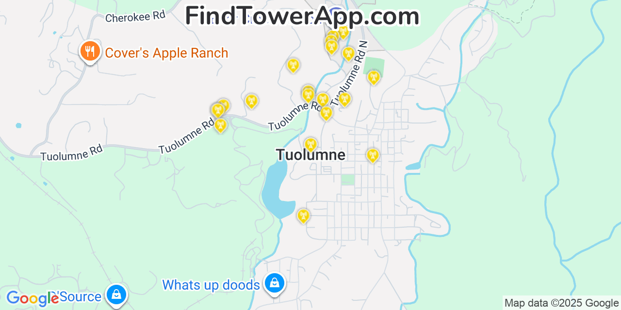 Map showing the 20 primary cell tower locations detected in Tuolumne City, California from AT&T, Verizon, and T-Mobile networks