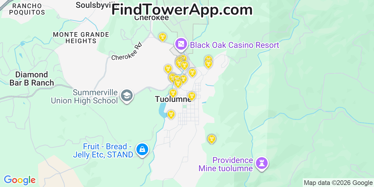 Map showing the 20 primary cell tower locations detected in Tuolumne City, California from AT&T, Verizon, and T-Mobile networks
