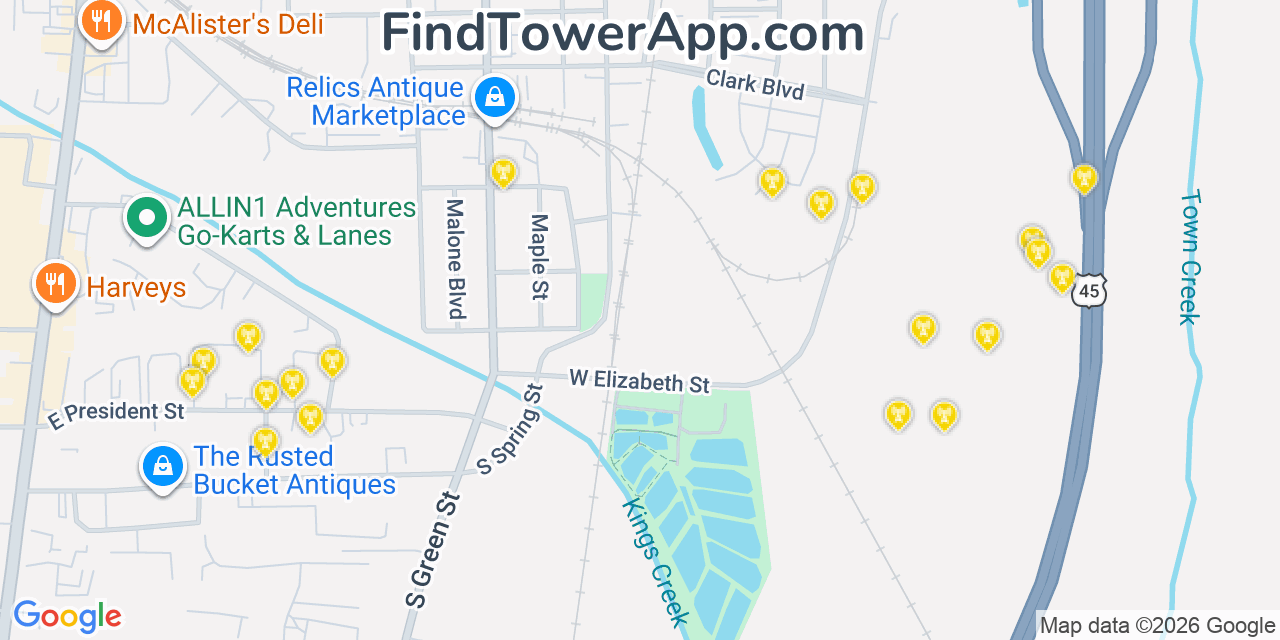 Map showing the 20 primary cell tower locations detected in Tupelo, Mississippi from AT&T, Verizon, and T-Mobile networks