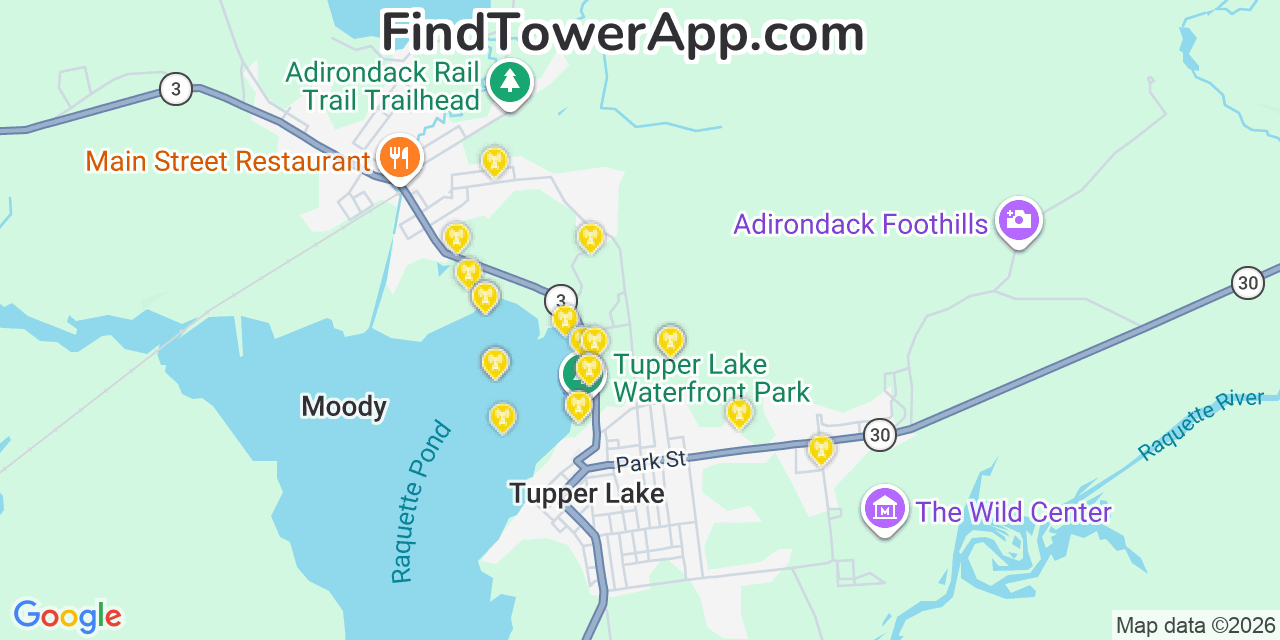 Map showing the 20 primary cell tower locations detected in Tupper Lake, New York from AT&T, Verizon, and T-Mobile networks