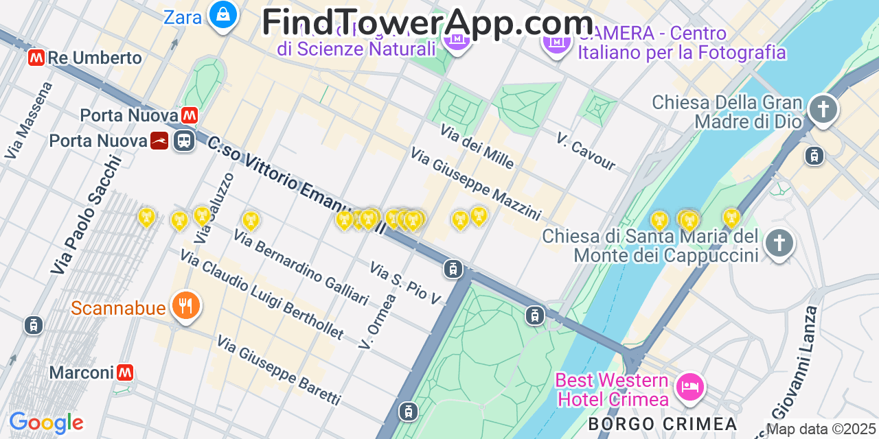 Map showing the 20 primary cell tower locations detected in Turin, Italy with coverage areas and signal strength