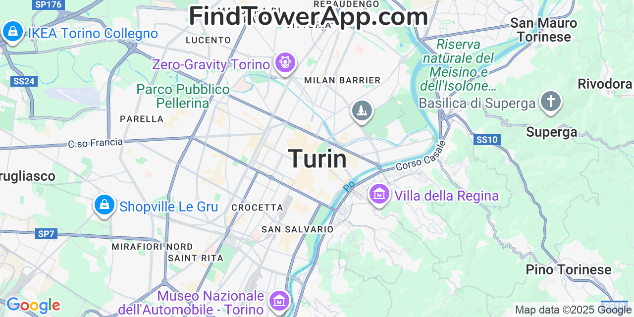 Map showing the 0 primary TIM cell tower locations detected in Turin, Italy with coverage radius and signal strength indicators