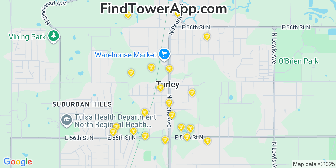 Map showing the 20 primary cell tower locations detected in Turley, Oklahoma from AT&T, Verizon, and T-Mobile networks