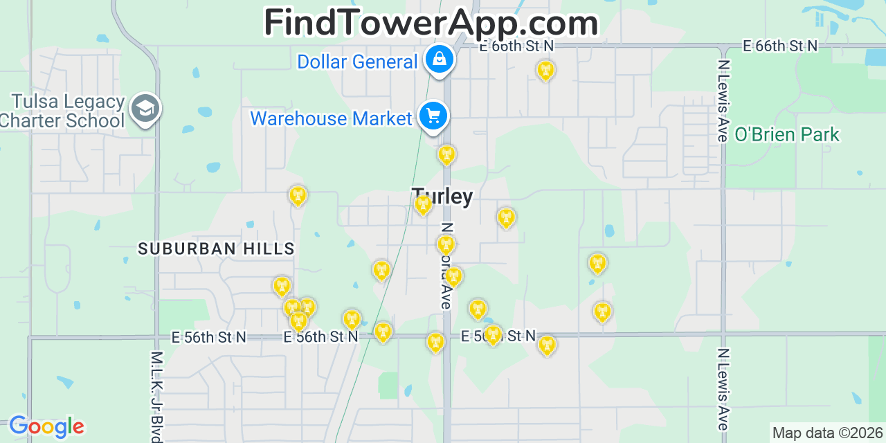 Map showing the 20 primary cell tower locations detected in Turley, Oklahoma from AT&T, Verizon, and T-Mobile networks