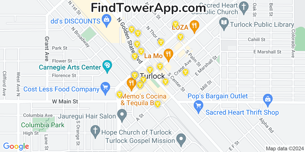 AT&T 4G/5G cell tower coverage map Turlock, California