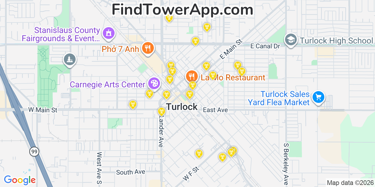 Map showing the 20 primary cell tower locations detected in Turlock, California from AT&T, Verizon, and T-Mobile networks