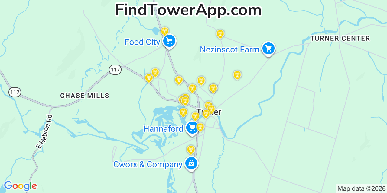 Map showing the 20 primary cell tower locations detected in Turner, Maine from AT&T, Verizon, and T-Mobile networks