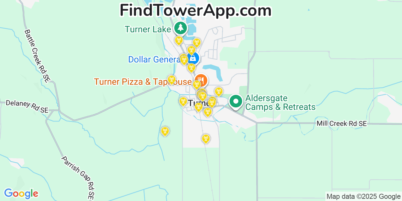 Map showing the 20 primary cell tower locations detected in Turner, Oregon from AT&T, Verizon, and T-Mobile networks