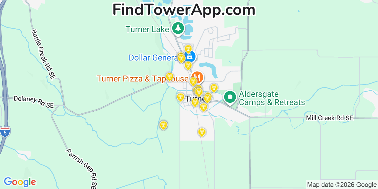 Map showing the 20 primary cell tower locations detected in Turner, Oregon from AT&T, Verizon, and T-Mobile networks