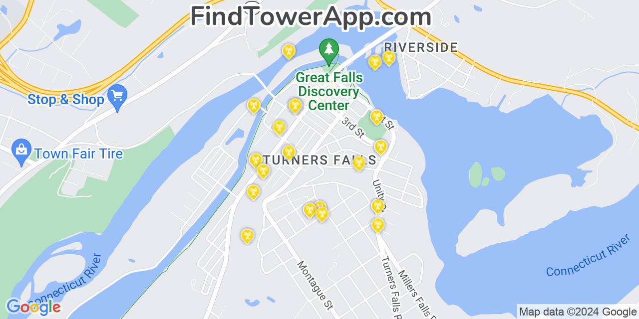 AT&T 4G/5G cell tower coverage map Turners Falls, Massachusetts