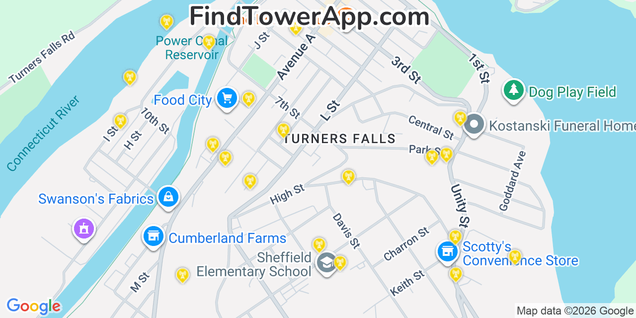 Map showing the 20 primary cell tower locations detected in Turners Falls, Massachusetts from AT&T, Verizon, and T-Mobile networks