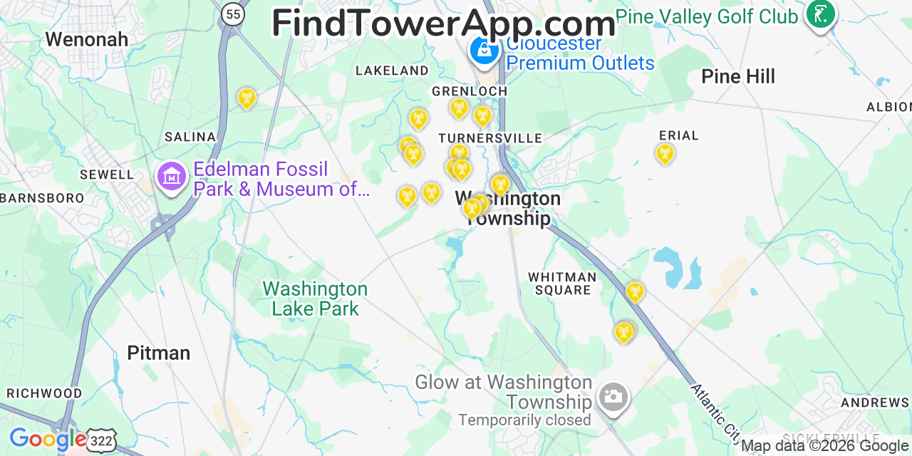Map showing the 20 primary cell tower locations detected in Turnersville, New Jersey from AT&T, Verizon, and T-Mobile networks