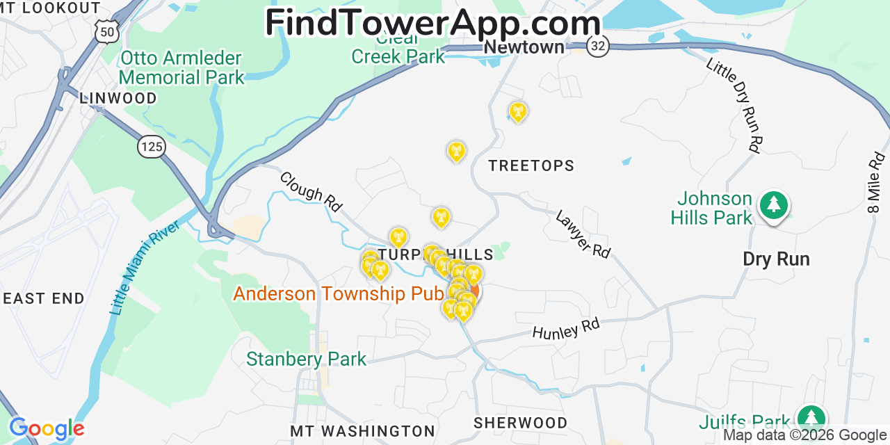 Map showing the 20 primary cell tower locations detected in Turpin Hills, Ohio from AT&T, Verizon, and T-Mobile networks