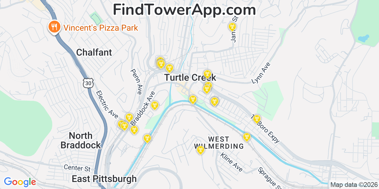 Map showing the 20 primary cell tower locations detected in Turtle Creek, Pennsylvania from AT&T, Verizon, and T-Mobile networks