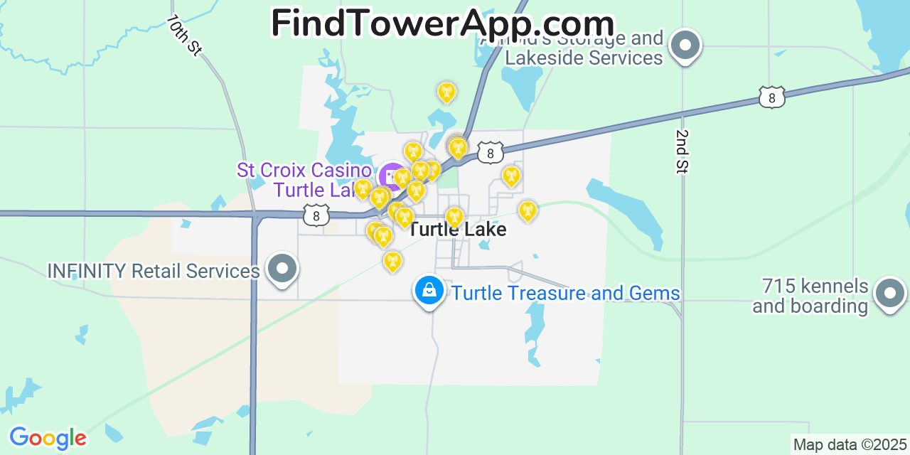 Map showing the 20 primary cell tower locations detected in Turtle Lake, Wisconsin from AT&T, Verizon, and T-Mobile networks