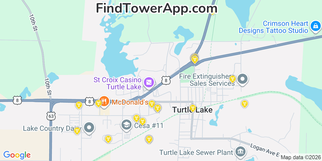 Map showing the 20 primary cell tower locations detected in Turtle Lake, Wisconsin from AT&T, Verizon, and T-Mobile networks