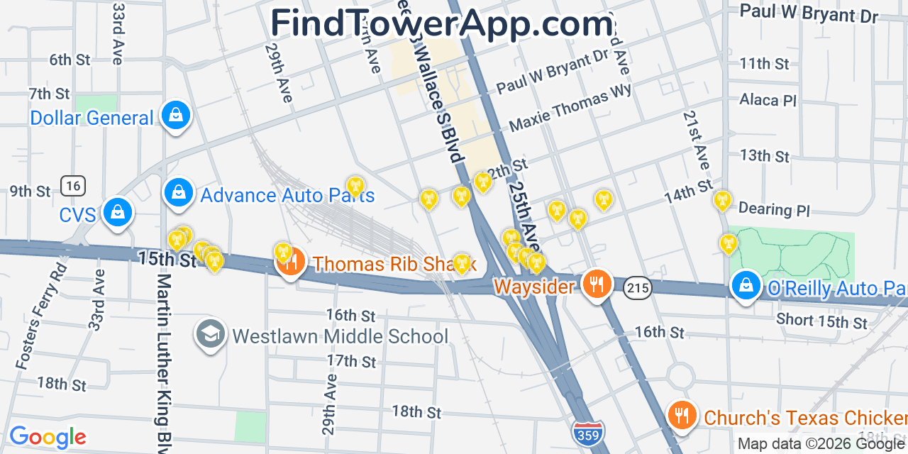Map showing the 20 primary cell tower locations detected in Tuscaloosa, Alabama from AT&T, Verizon, and T-Mobile networks
