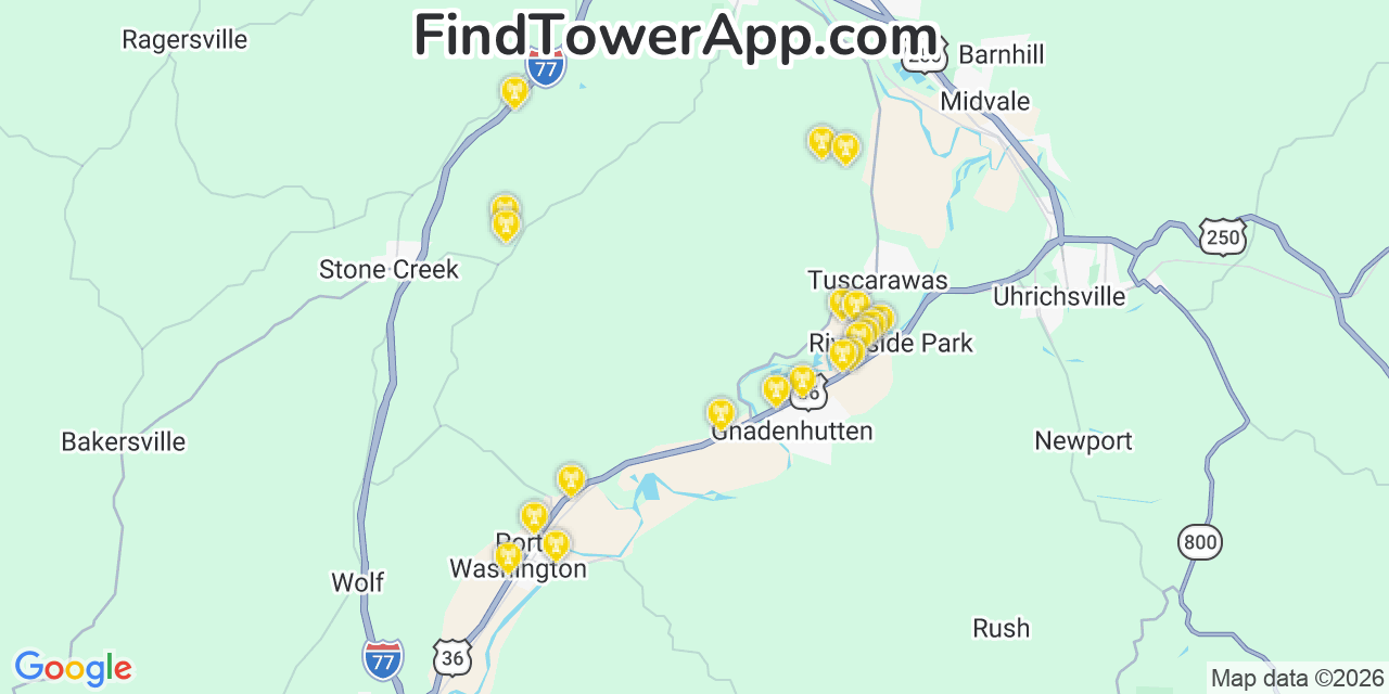 Map showing the 20 primary cell tower locations detected in Tuscarawas, Ohio from AT&T, Verizon, and T-Mobile networks