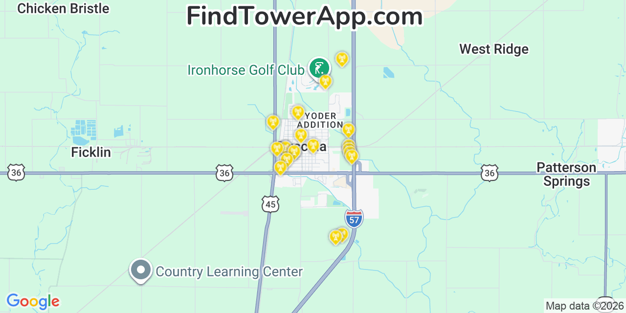 Map showing the 20 primary cell tower locations detected in Tuscola, Illinois from AT&T, Verizon, and T-Mobile networks