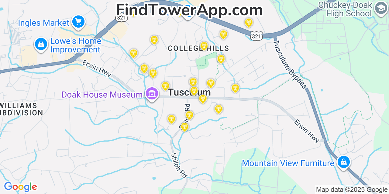 Map showing the 20 primary cell tower locations detected in Tusculum, Tennessee from AT&T, Verizon, and T-Mobile networks