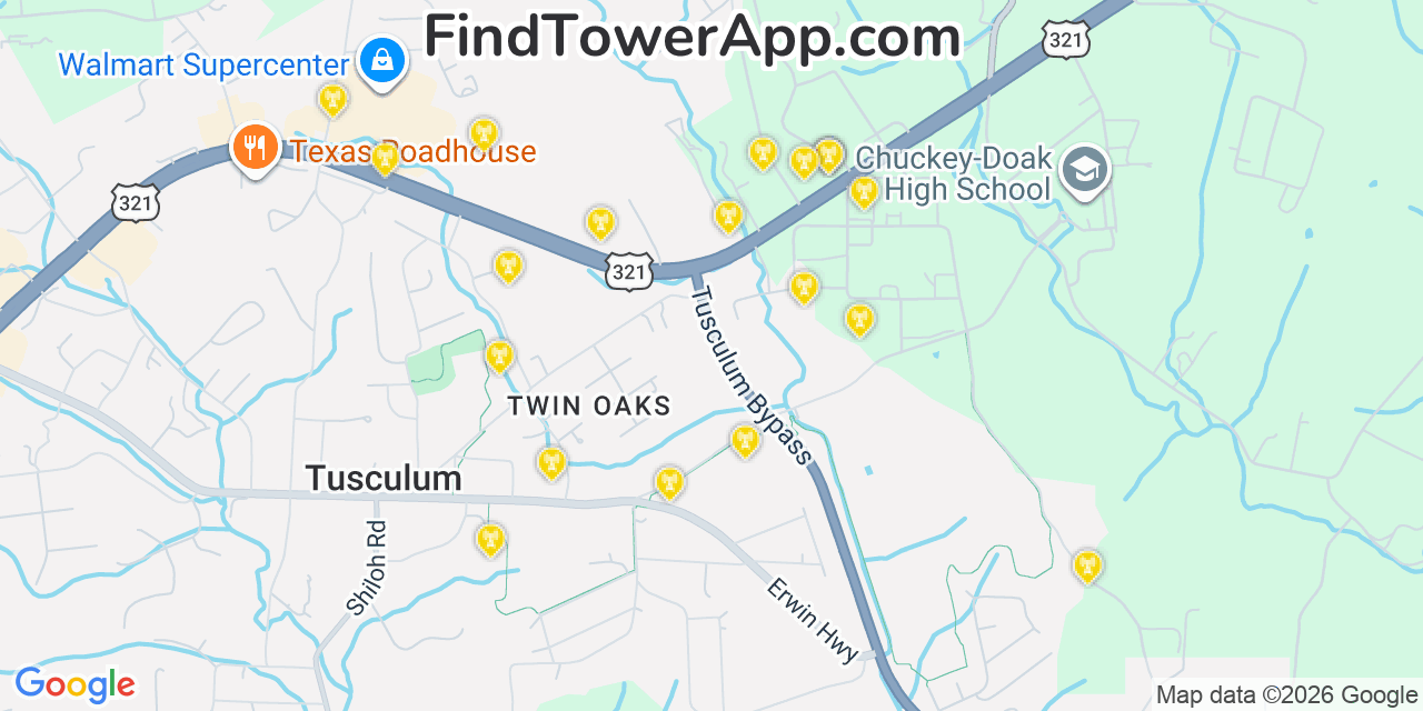 Map showing the 20 primary cell tower locations detected in Tusculum, Tennessee from AT&T, Verizon, and T-Mobile networks
