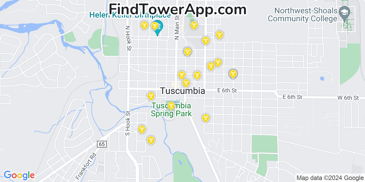 AT&T 4G/5G cell tower coverage map Tuscumbia, Alabama