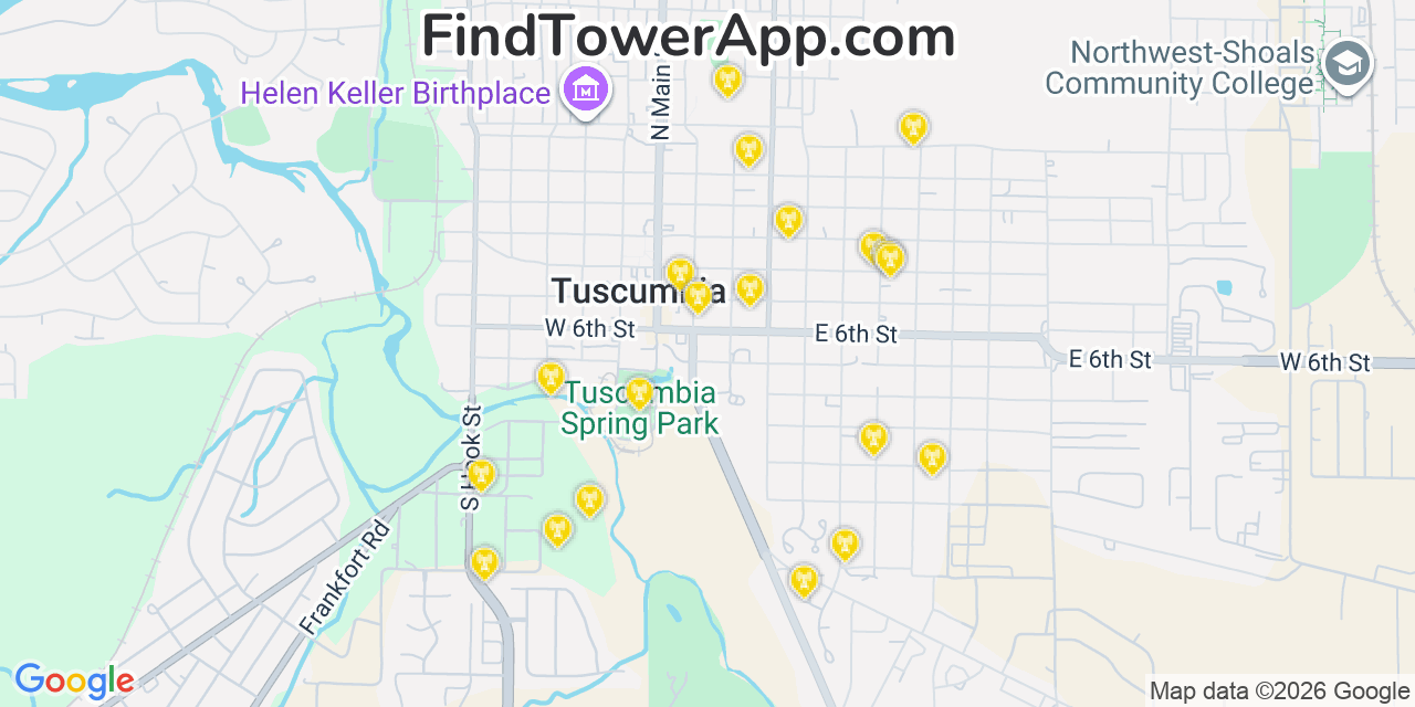 Map showing the 20 primary cell tower locations detected in Tuscumbia, Alabama from AT&T, Verizon, and T-Mobile networks