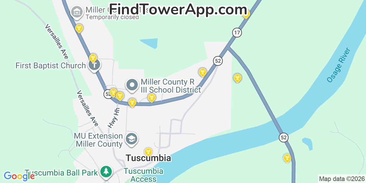 Map showing the 20 primary cell tower locations detected in Tuscumbia, Missouri from AT&T, Verizon, and T-Mobile networks