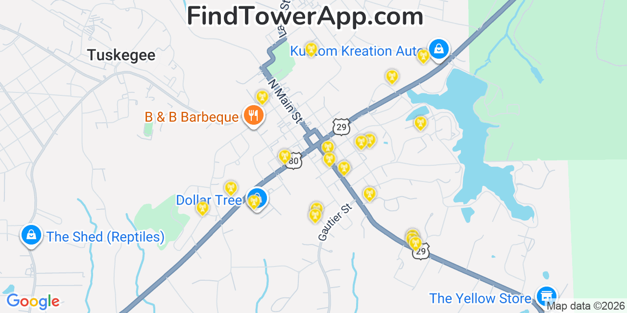 Map showing the 20 primary cell tower locations detected in Tuskegee, Alabama from AT&T, Verizon, and T-Mobile networks