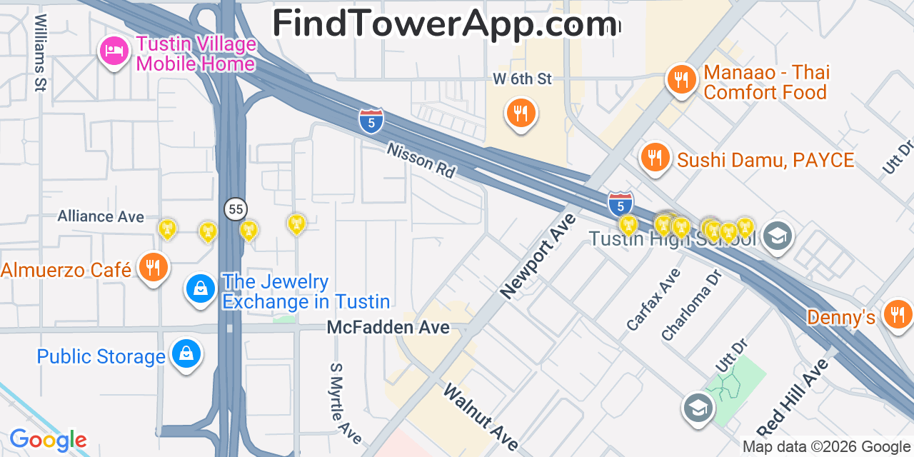 Map showing the 20 primary cell tower locations detected in Tustin, California from AT&T, Verizon, and T-Mobile networks