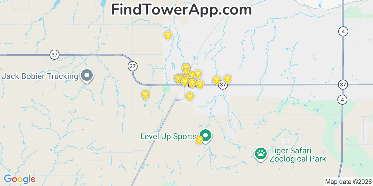 Map showing the 20 primary cell tower locations detected in Tuttle, Oklahoma from AT&T, Verizon, and T-Mobile networks