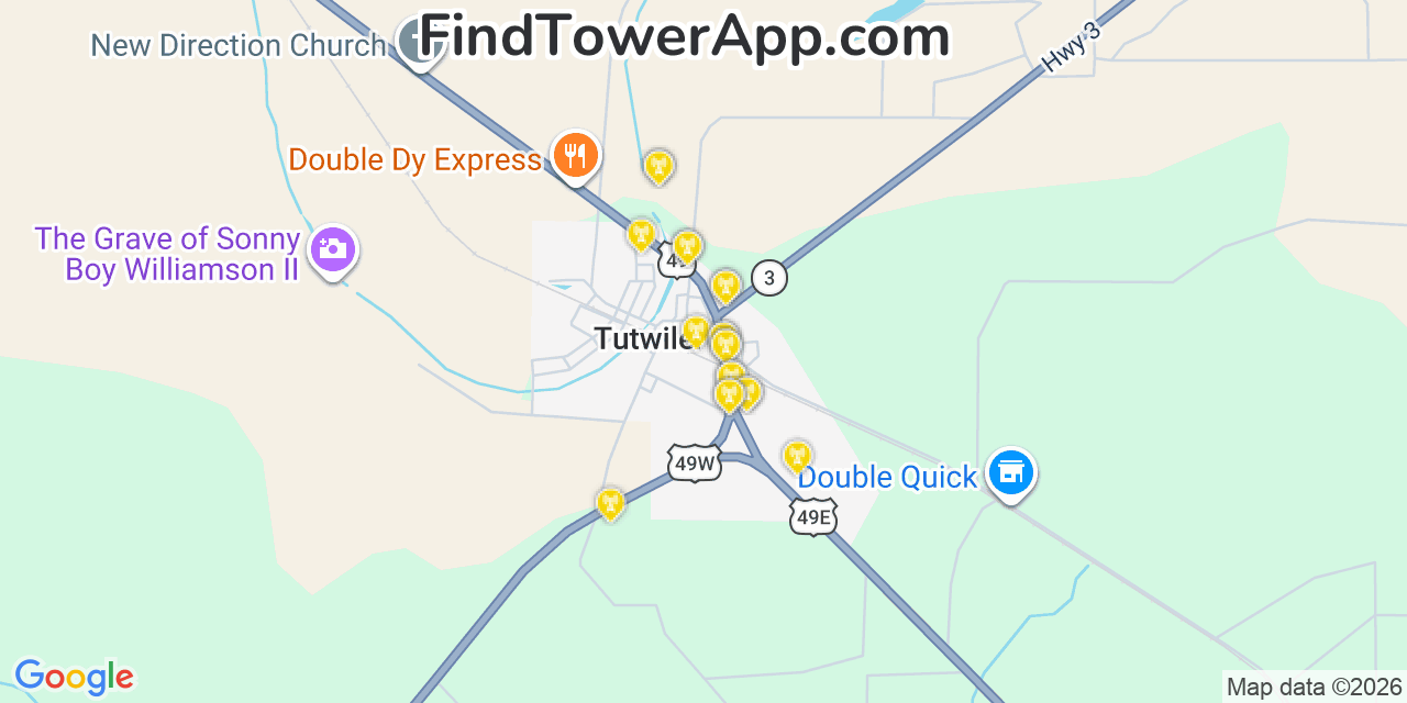 Map showing the 20 primary cell tower locations detected in Tutwiler, Mississippi from AT&T, Verizon, and T-Mobile networks