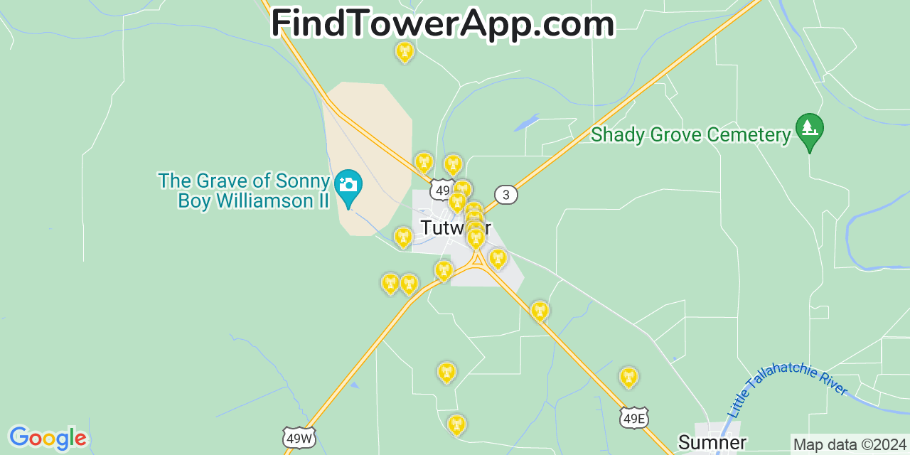 Verizon 4G/5G cell tower coverage map Tutwiler, Mississippi