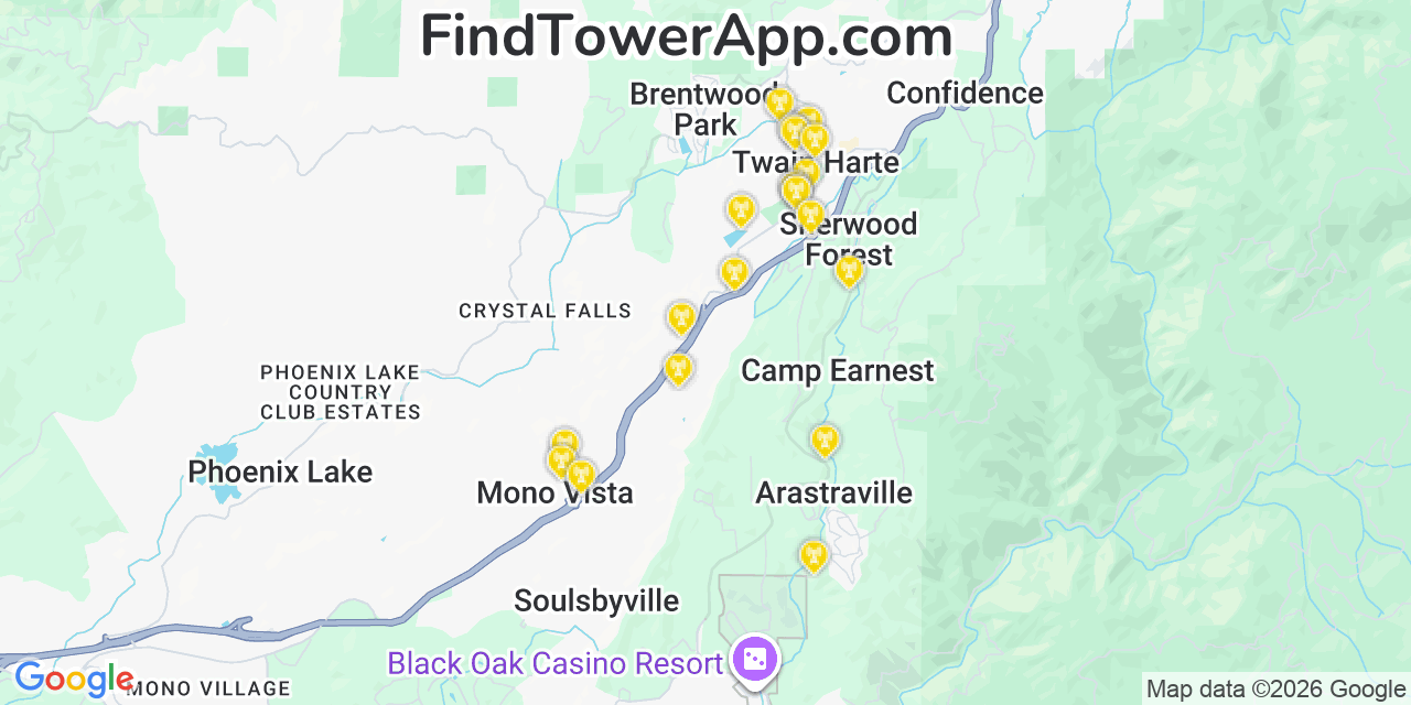 Map showing the 20 primary cell tower locations detected in Twain Harte, California from AT&T, Verizon, and T-Mobile networks