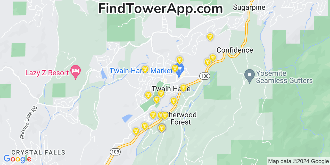 Verizon 4G/5G cell tower coverage map Twain Harte, California