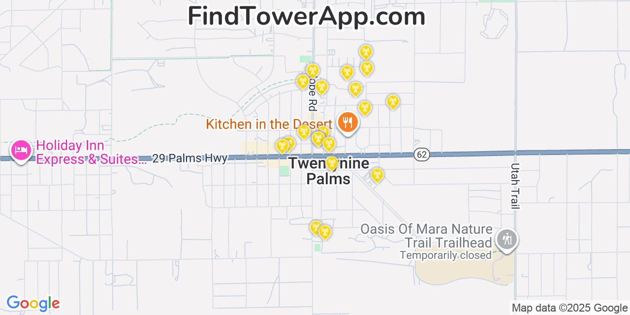 Map showing the 20 primary cell tower locations detected in Twentynine Palms, California from AT&T, Verizon, and T-Mobile networks