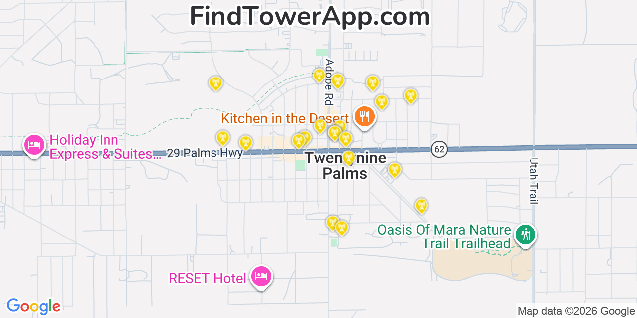 Map showing the 20 primary cell tower locations detected in Twentynine Palms, California from AT&T, Verizon, and T-Mobile networks