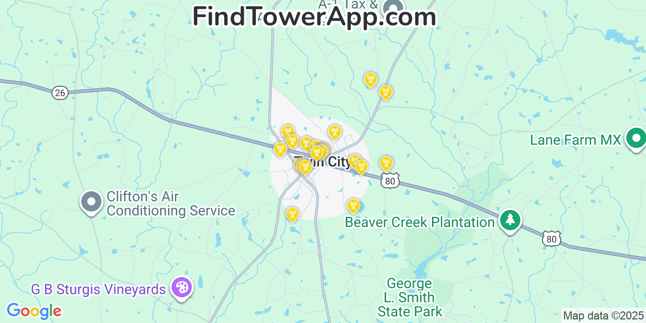 Map showing the 20 primary cell tower locations detected in Twin City, Georgia from AT&T, Verizon, and T-Mobile networks