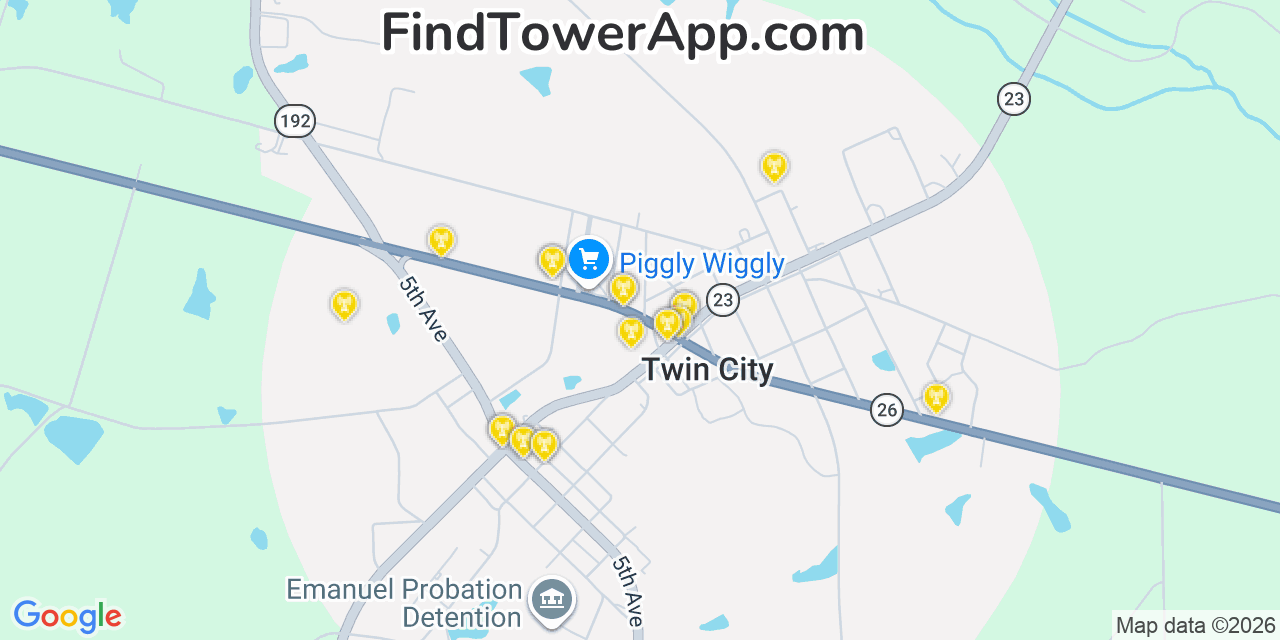 Map showing the 20 primary cell tower locations detected in Twin City, Georgia from AT&T, Verizon, and T-Mobile networks