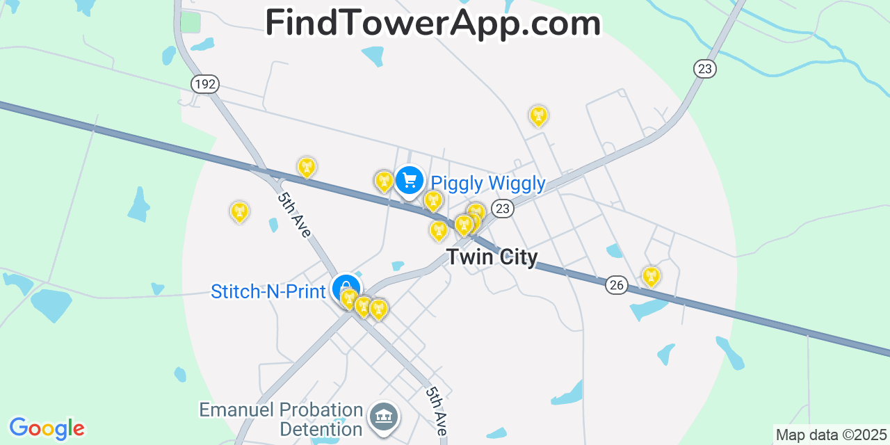 Map showing the 20 primary Mobitel cell tower locations detected in Twin City, Georgia with coverage radius and signal strength indicators