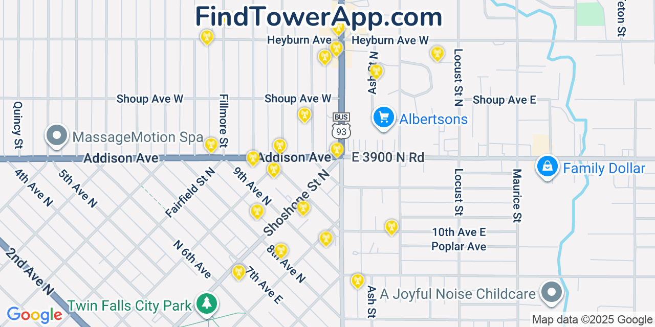 Map showing the 20 primary cell tower locations detected in Twin Falls, Idaho from AT&T, Verizon, and T-Mobile networks