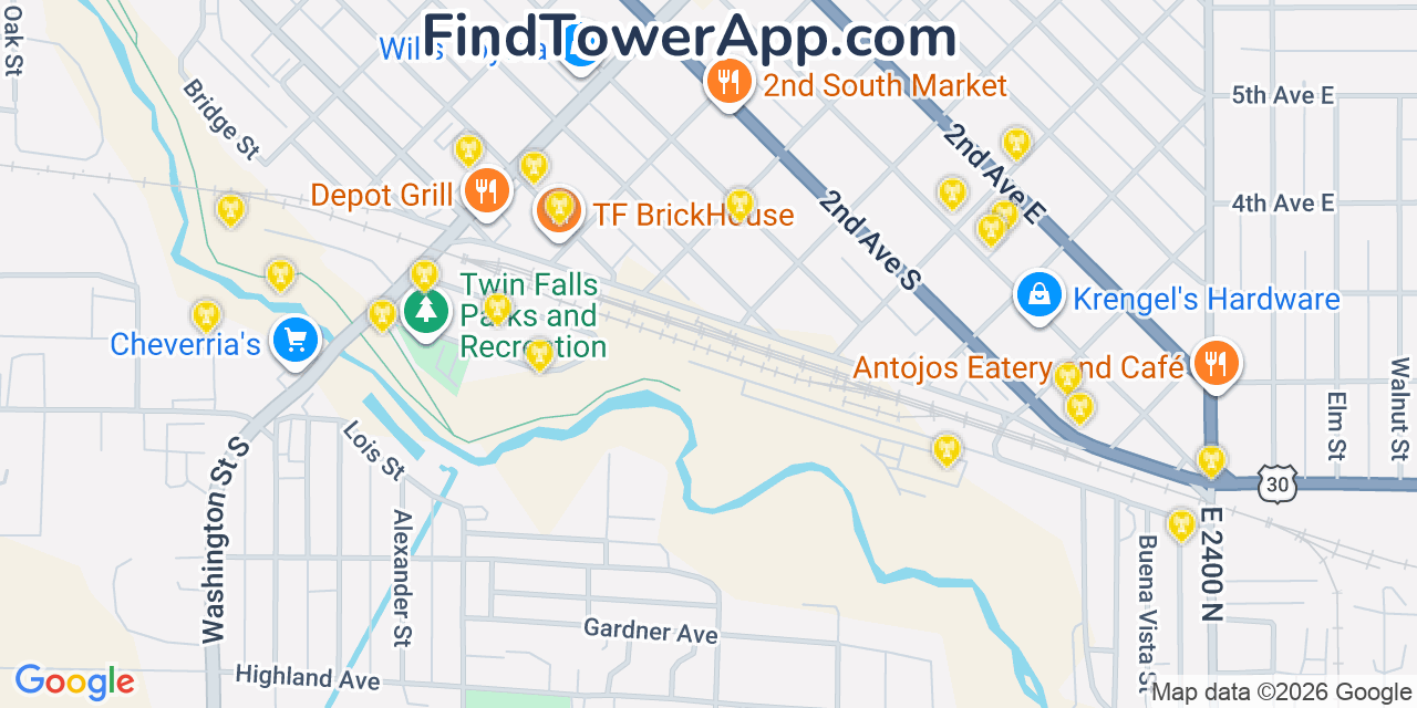 Map showing the 20 primary cell tower locations detected in Twin Falls, Idaho from AT&T, Verizon, and T-Mobile networks